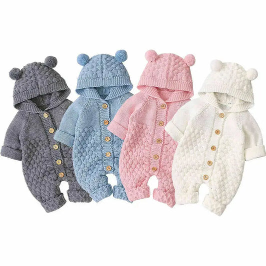 Baby Girls Bear Ear Knit Romper Boys Hooded Newborn Sweater Kids Jumpsuit Babys Outfit Autumn Winter