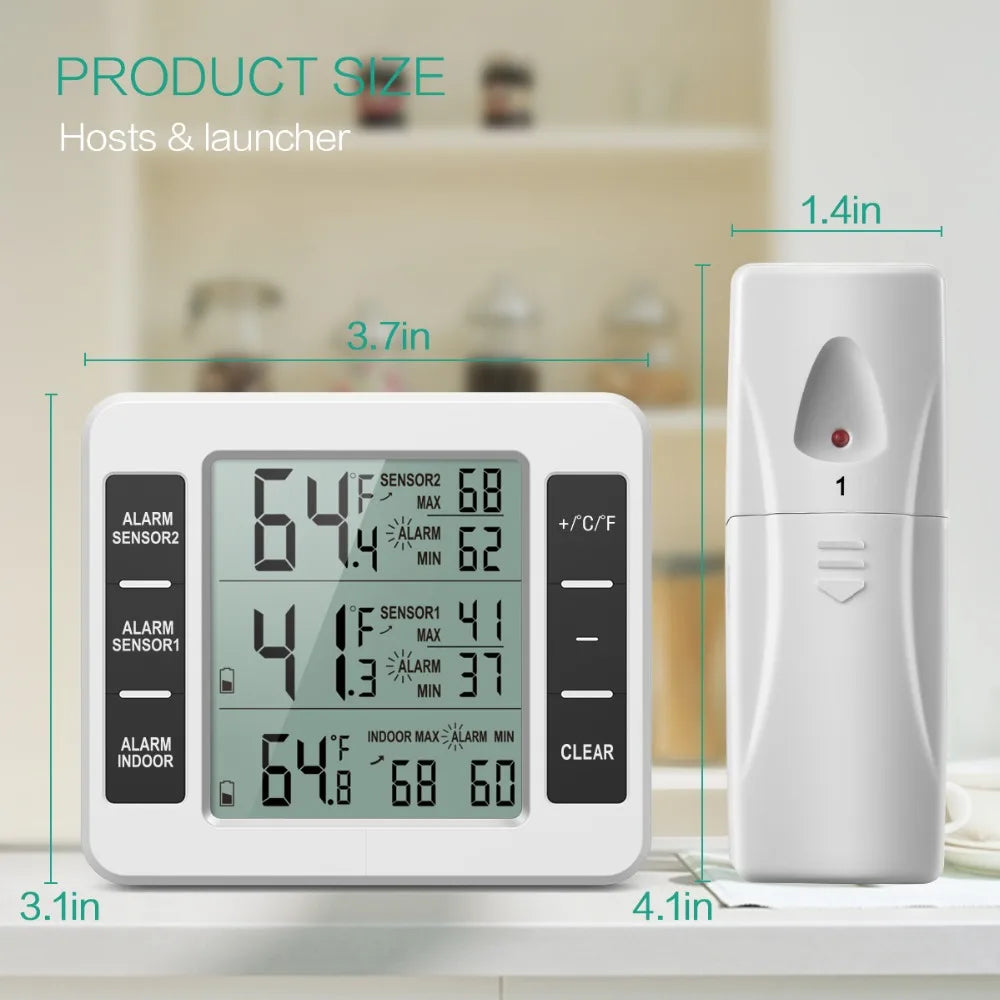 Digital Fridge Thermometer Wireless Freezer Thermometer with Indoor Temperature Monitor 2 Wireless Sensors Refrigerator Therm
