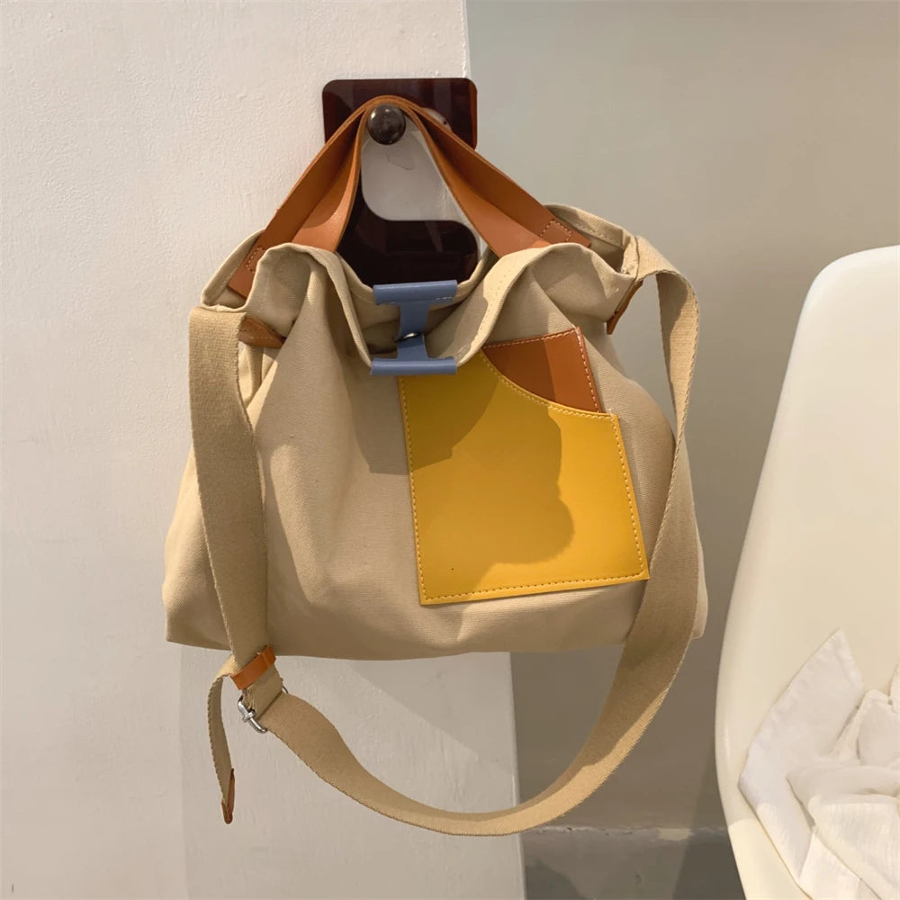 Large Capacity Canvas Tote Bags for Women 2021 New Contrast Color Bucket Travel Bag Simple Fashion Girl's Shopper Shoulder Totes