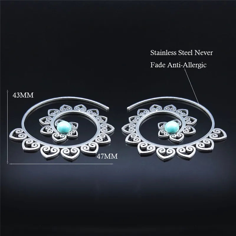 Vintage Ethnic Indian Carved Mandala Flower Dangle Earrings Stainless Steel Stone Boho Hollow Earring Jewelry pendientes flor