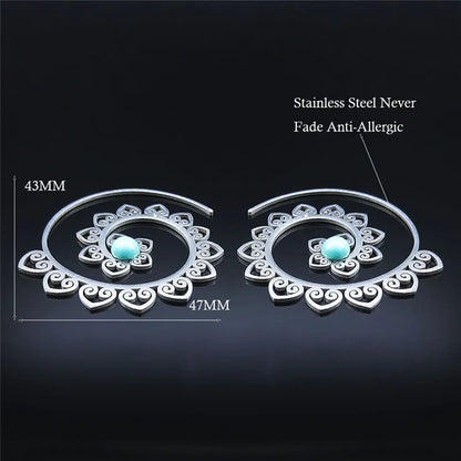 Vintage Ethnic Indian Carved Mandala Flower Dangle Earrings Stainless Steel Stone Boho Hollow Earring Jewelry pendientes flor