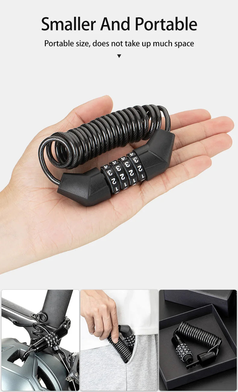 ROCKBROS Mini Password Lock Anti-theft Bicycle Durable Steel Wire Lock Helmet Lock Chain Bike Frame Lock Bike Accessories