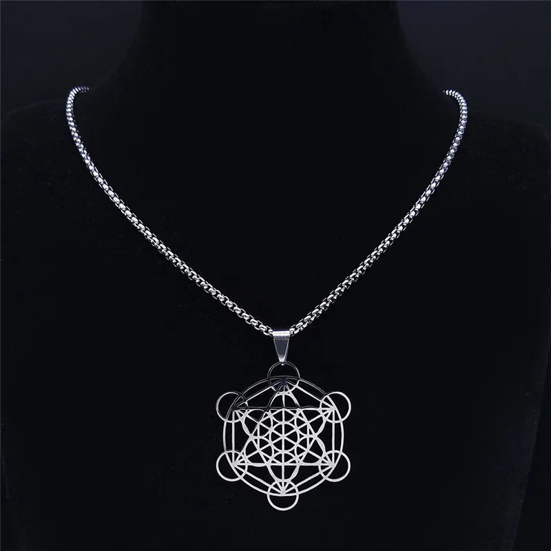 Flower of Life Chakra Spiritual Necklace for Women Stainless Steel Sacred Geometry Metatron Cube Salomon Men collar Jewelry
