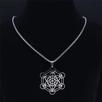 Flower of Life Chakra Spiritual Necklace for Women Stainless Steel Sacred Geometry Metatron Cube Salomon Men collar Jewelry