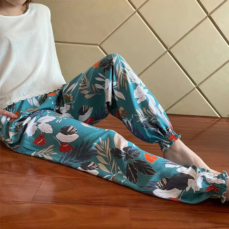 Women's Casual Print Palazzo Pants, Loose Sleep Pyjama Pants, Wide Leg, Thin Shorts, Cropped Pants, Summer Outdoor, ouc1143
