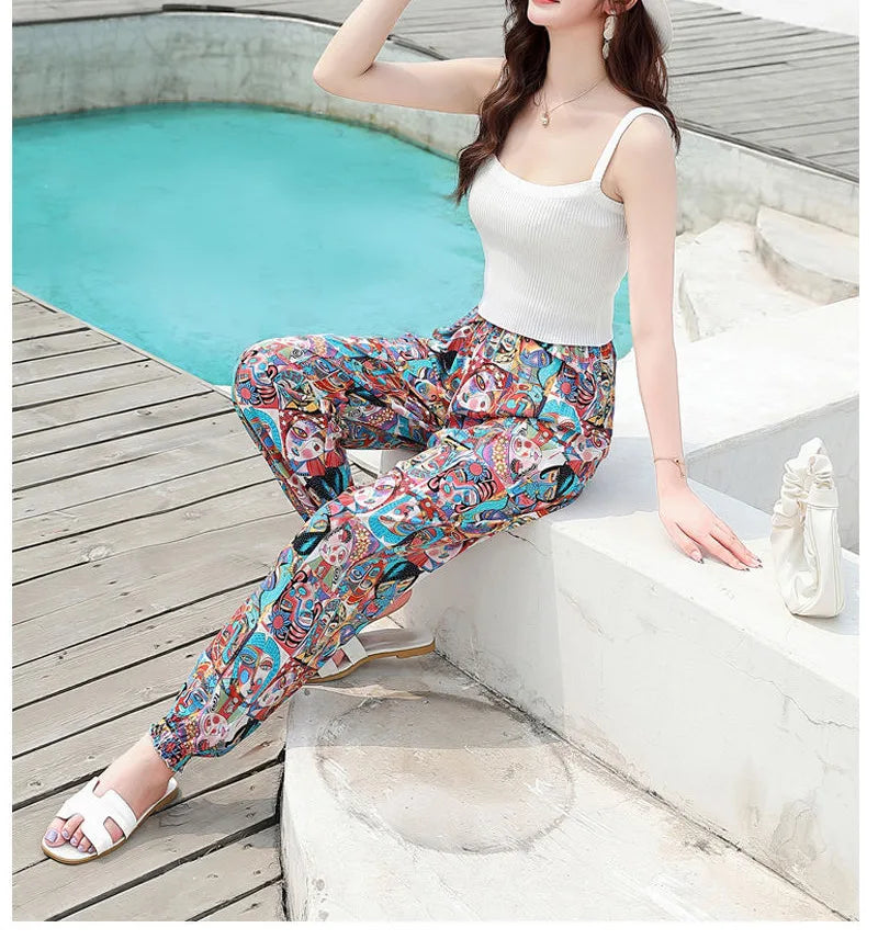 Women's Casual Print Palazzo Pants, Loose Sleep Pyjama Pants, Wide Leg, Thin Shorts, Cropped Pants, Summer Outdoor, ouc1143
