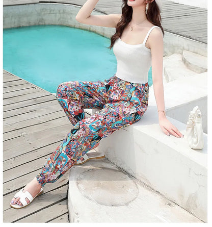 Women's Casual Print Palazzo Pants, Loose Sleep Pyjama Pants, Wide Leg, Thin Shorts, Cropped Pants, Summer Outdoor, ouc1143