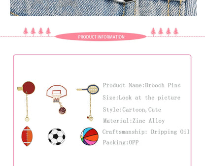 Sports Ball Series Brooch Soccer Basketball Ping Pong Enamel Pin with Chain Cartoon Fashion Accessories Denim Badge Jewelry Gift