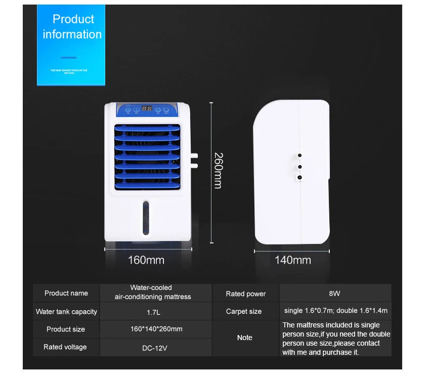 12V Water Circulation Bed Ice Sleeping Pad Cooling Pad Water-cooled Refrigeration Mattress Cooling Fan Conditioner Air Condition