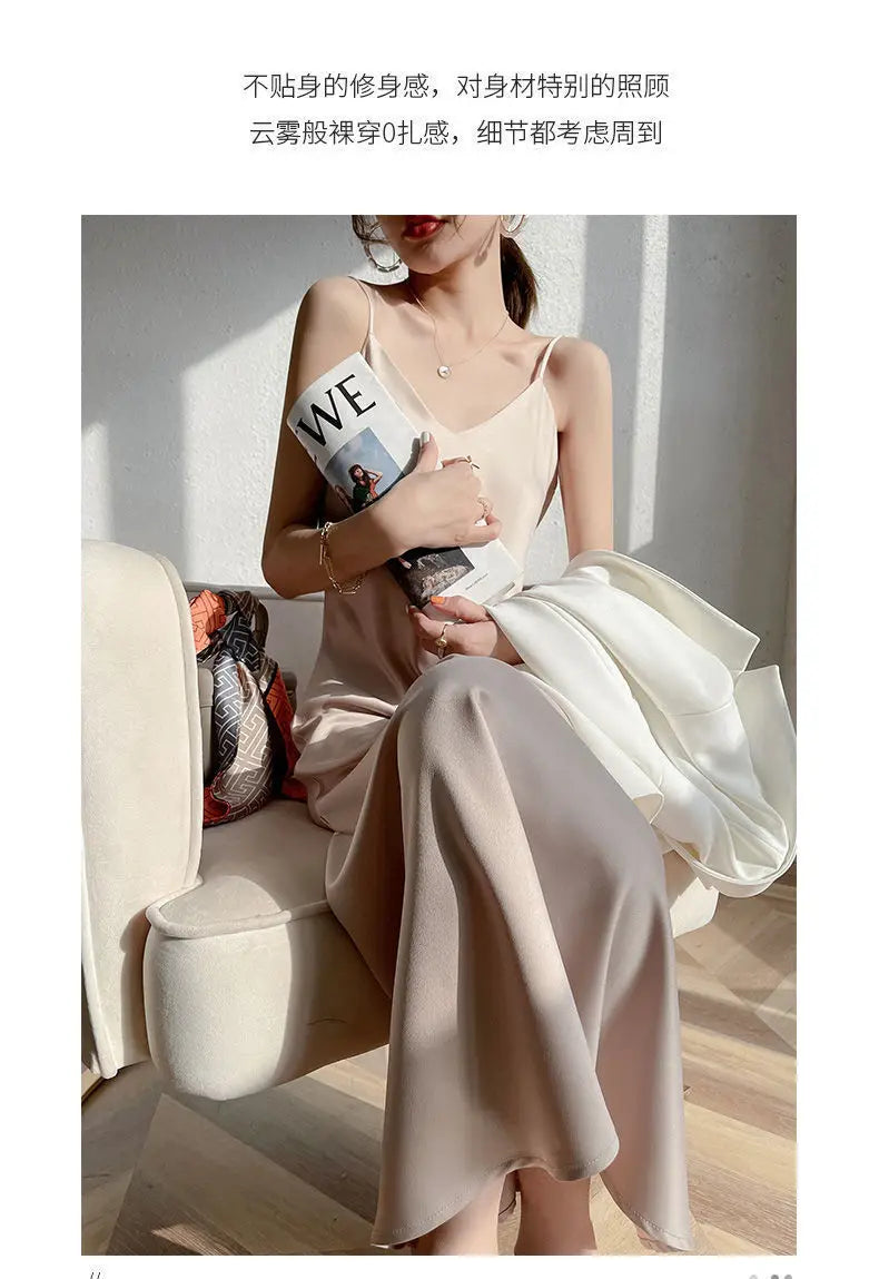 Vintage Satin Women's Dress Summer Sexy Spaghetti Strap Long Party Maxi Dresses Midi Robe Female Clothing
