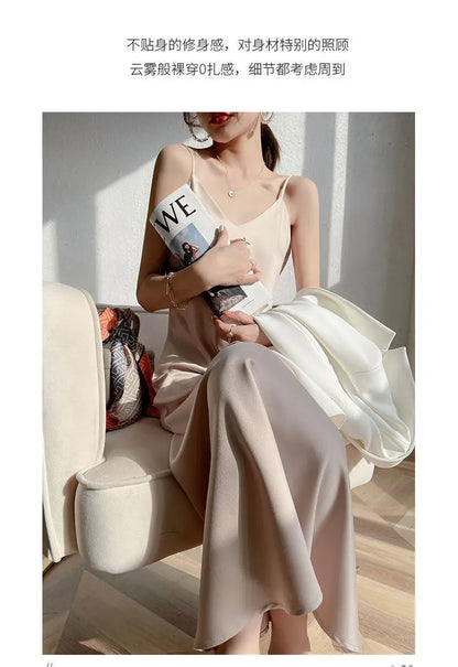 Vintage Satin Women's Dress Summer Sexy Spaghetti Strap Long Party Maxi Dresses Midi Robe Female Clothing