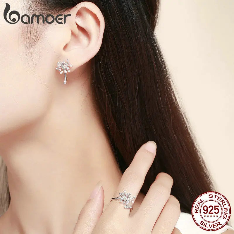 BAMOER Authentic 925 Sterling Silver Blooming Dandelion Love Flower Clear Cubic Zircon Jewelry Sets Women Silver Jewelry ZHS088
