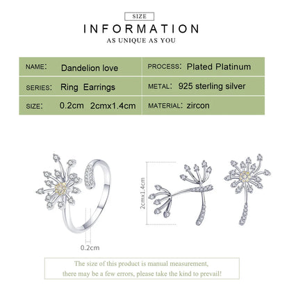 BAMOER Authentic 925 Sterling Silver Blooming Dandelion Love Flower Clear Cubic Zircon Jewelry Sets Women Silver Jewelry ZHS088