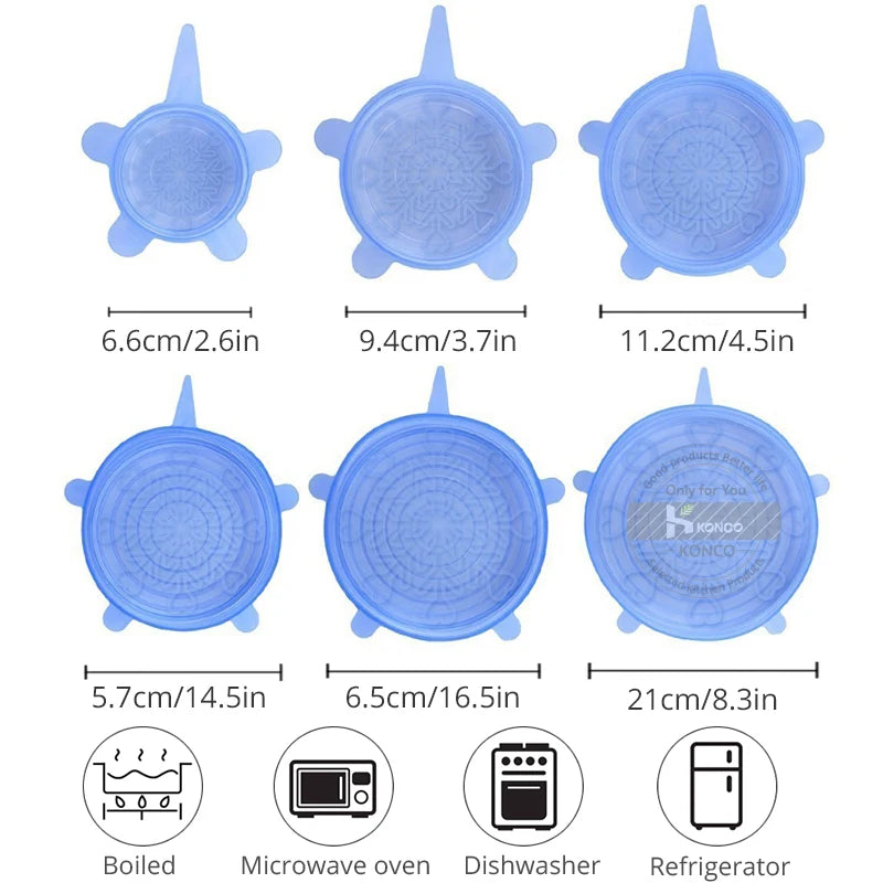 6pcs Reusable Silicon Stretch Lids,Universal Silicone Food Cover ,Silicone Lids For Food Cookware Bowl Kitchen Accessories