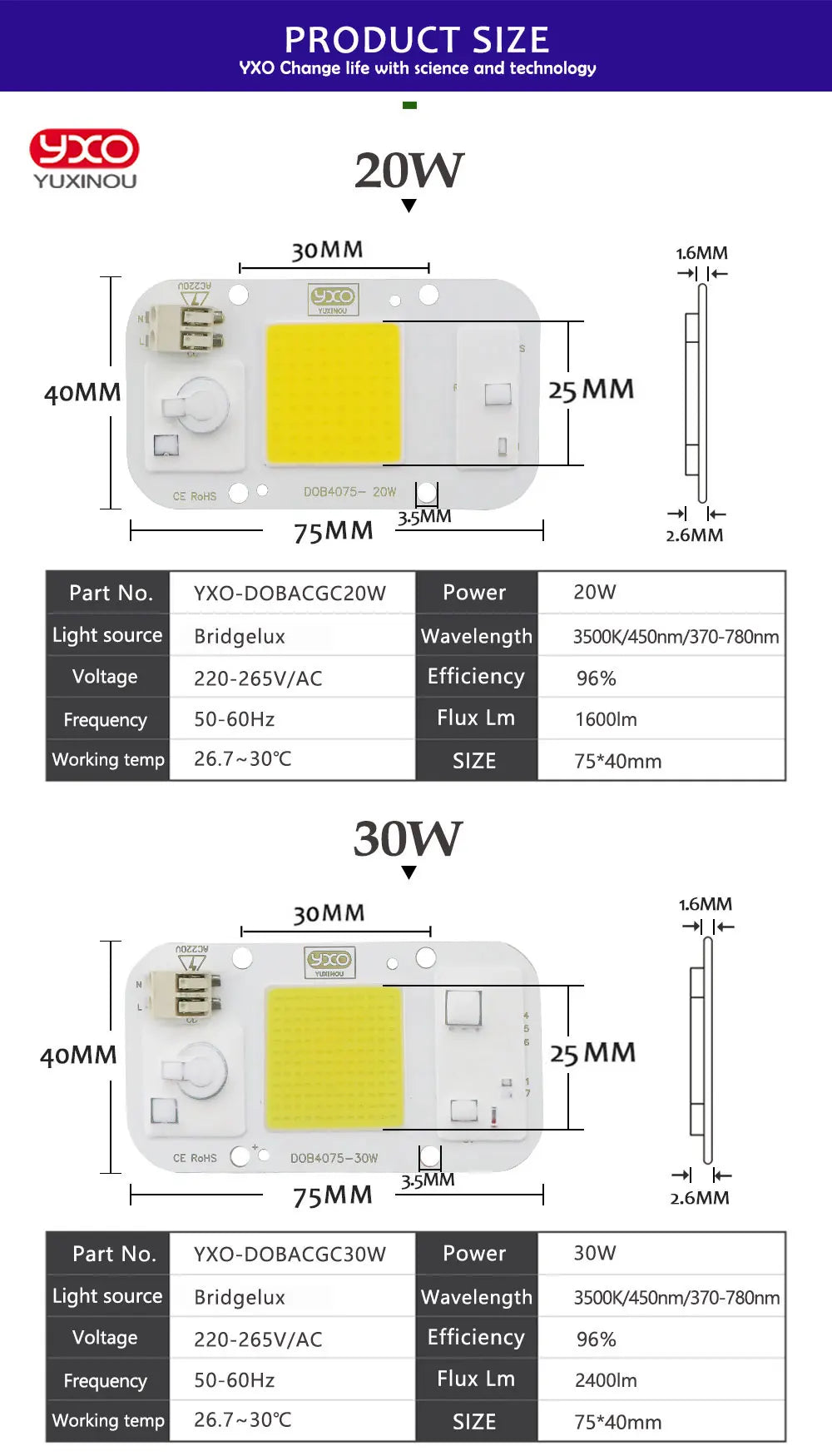 SMD COB Spotlight AC 220V DOB Led Bulb Chip Beans Smart IC 20W 30W 50W Energy Saving Outdoor Lamp White/Warm Supper Bright Light