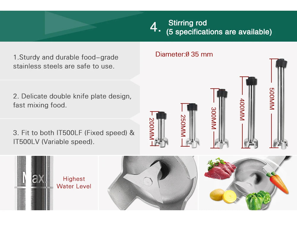ITOP Commercial Stainless Steel Blender Stick 160mm/200mm/250mm/300mm/400mm/500mm For Handheld Immersion Blender Food Mixers