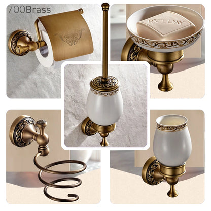 Bathroom Accessories Antique Brass Collection, Towel Ring, Paper Holder, Toilet Brush, Coat Hook, Bath Rack, Soap Dish, Faucet