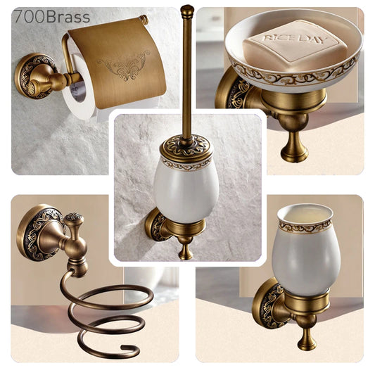 Bathroom Accessories Antique Brass Collection, Towel Ring, Paper Holder, Toilet Brush, Coat Hook, Bath Rack, Soap Dish, Faucet