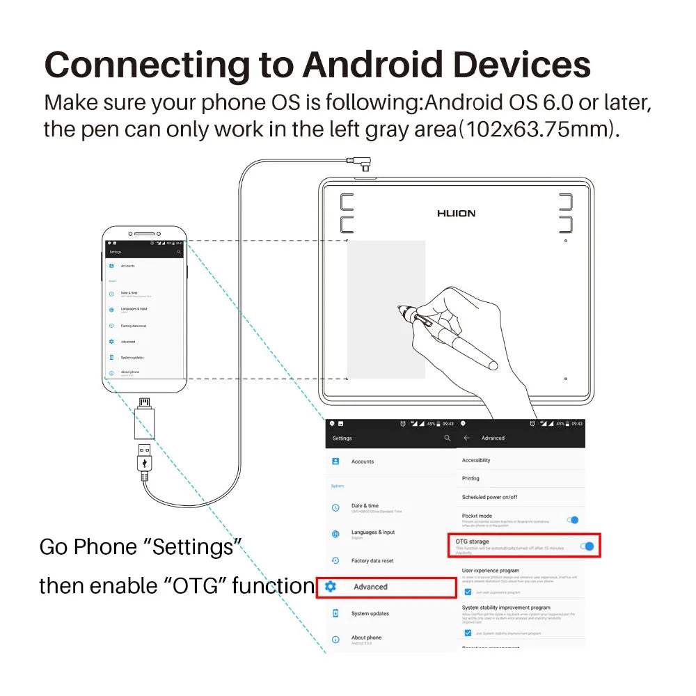 Huion HS64 6x4 Inch Graphics Tablet Ultrathin Drawing Tablet PW100 Battery-Free Pen Tablet Customized Press Keys Android Support