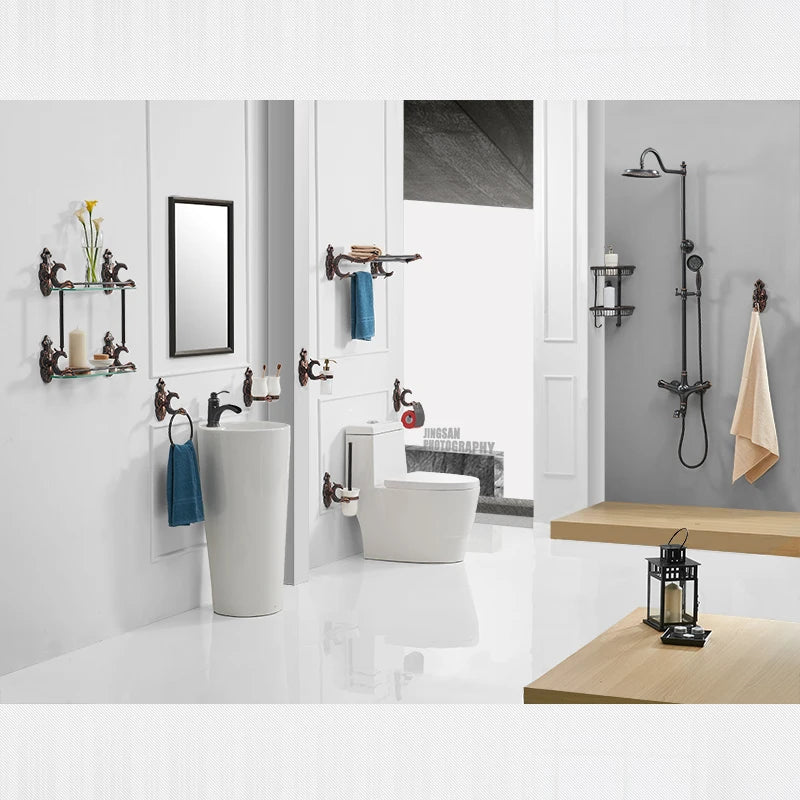 Robe Hooks European Style Brass Black Hangers For Clothes Towel Rack Clothes Hook Home Decoration Bathroom Hardware Set WF-88801