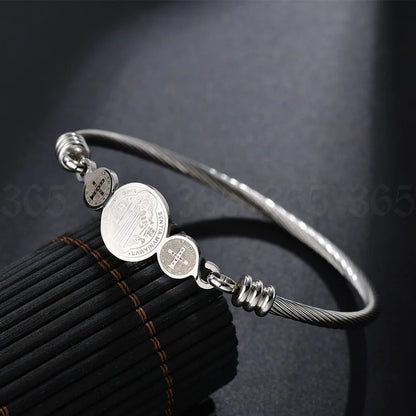 Religion Catholicism San Benito Rosary Bracelet Women Stainless steel Open Cuff Heart Life Tree Bracelet Christian Jewelry Gift