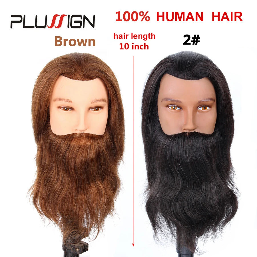 100% Real Human Hair Beard Hairdressing Training Man Head Professional Practice Mannequin Head Model Brown Color