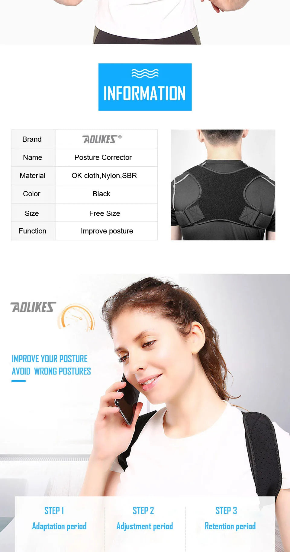 AOLIKES New Posture Corrector Spine Back Shoulder Support Corrector Band Adjustable Brace Correction Humpback Back Pain Relief