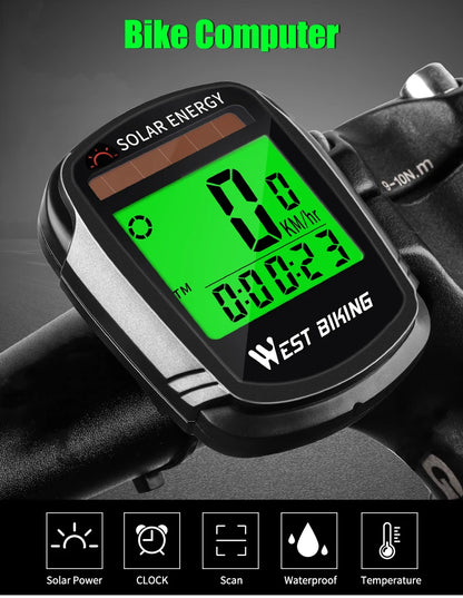 WEST BIKING Bike Computer Speedometer Odometer Multifunctional Cycling Computer Rainproof Solar Power Bicycle Wireless Computer