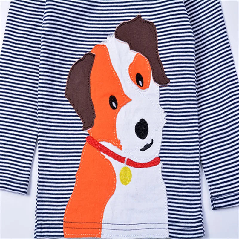 Baby Boys Girls 18-6T Striped Cartoon Tshirts With Applique Animal Kids Hot Selling Spring Autumn Clothes Designed Tops Clothing