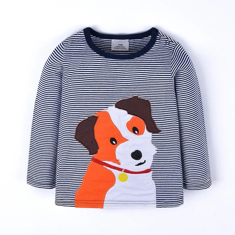 Baby Boys Girls 18-6T Striped Cartoon Tshirts With Applique Animal Kids Hot Selling Spring Autumn Clothes Designed Tops Clothing