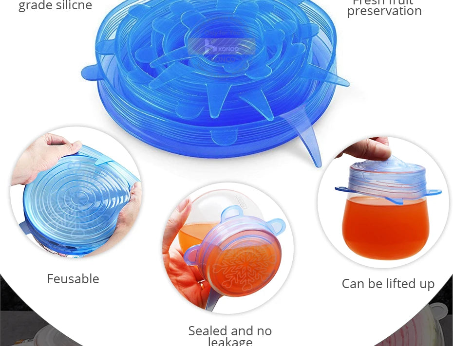 6pcs Reusable Silicon Stretch Lids,Universal Silicone Food Cover ,Silicone Lids For Food Cookware Bowl Kitchen Accessories
