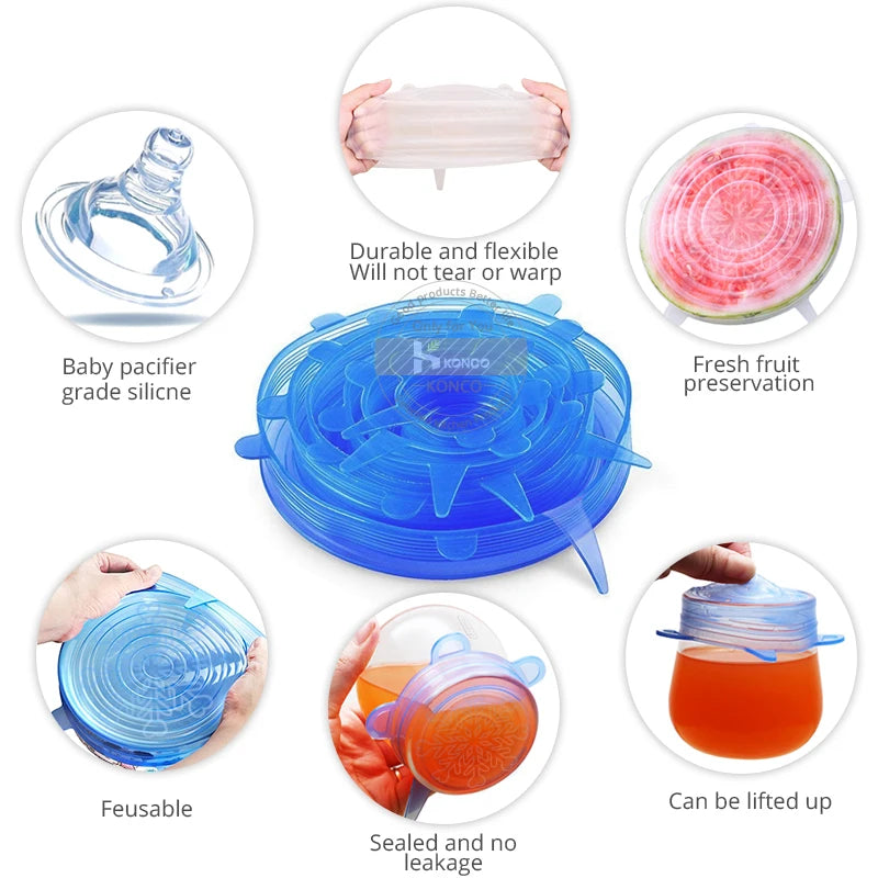 6pcs Reusable Silicon Stretch Lids,Universal Silicone Food Cover ,Silicone Lids For Food Cookware Bowl Kitchen Accessories