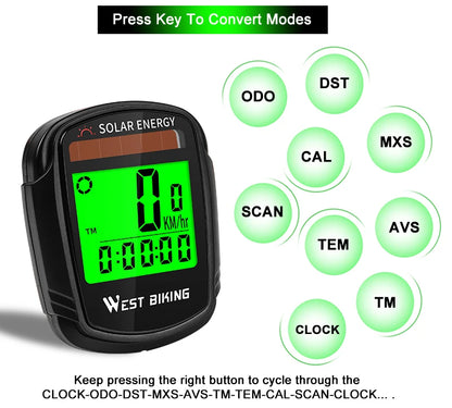 WEST BIKING Bike Computer Speedometer Odometer Multifunctional Cycling Computer Rainproof Solar Power Bicycle Wireless Computer