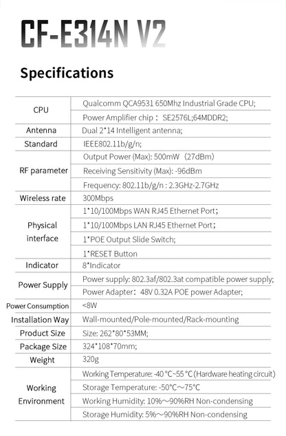 comfast Outdoor Wireless Wifi Extender AP Bridge 3-5KM Long Range 300Mbps 2.4G WI-FI Signal Amplifier Antenna 2*14dBi Router