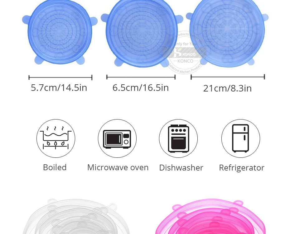 6pcs Reusable Silicon Stretch Lids,Universal Silicone Food Cover ,Silicone Lids For Food Cookware Bowl Kitchen Accessories