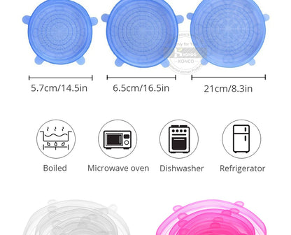 6pcs Reusable Silicon Stretch Lids,Universal Silicone Food Cover ,Silicone Lids For Food Cookware Bowl Kitchen Accessories