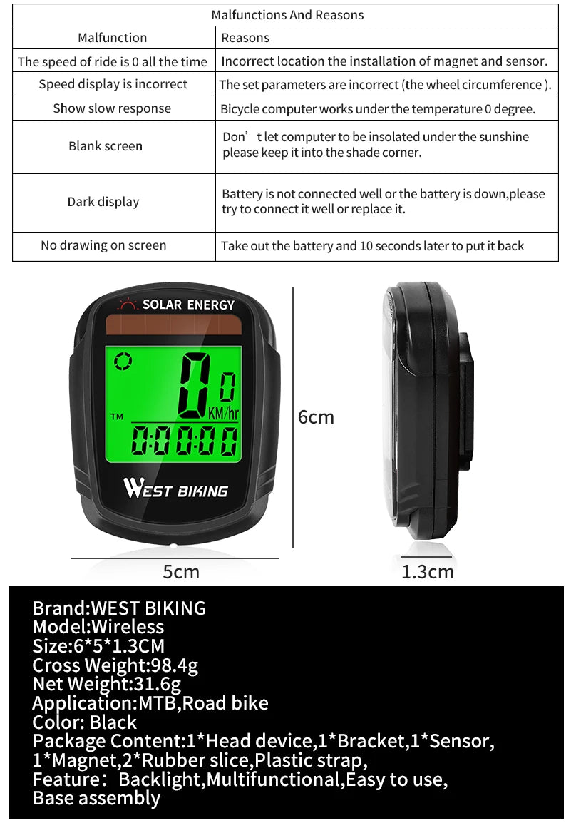 WEST BIKING Bike Computer Speedometer Odometer Multifunctional Cycling Computer Rainproof Solar Power Bicycle Wireless Computer