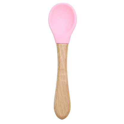 Feeding Wooden Handle Silicone Spoon For Baby Utensils Eat Soild Food Kids Training Manipulative Ability Children's Tableware