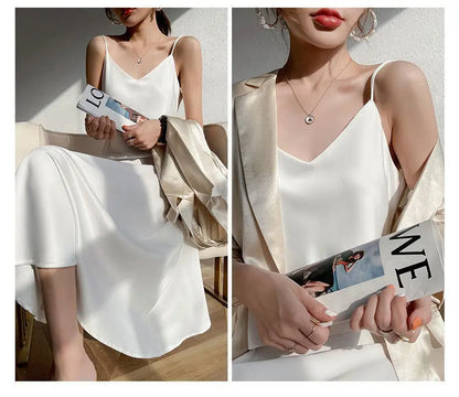 Vintage Satin Women's Dress Summer Sexy Spaghetti Strap Long Party Maxi Dresses Midi Robe Female Clothing