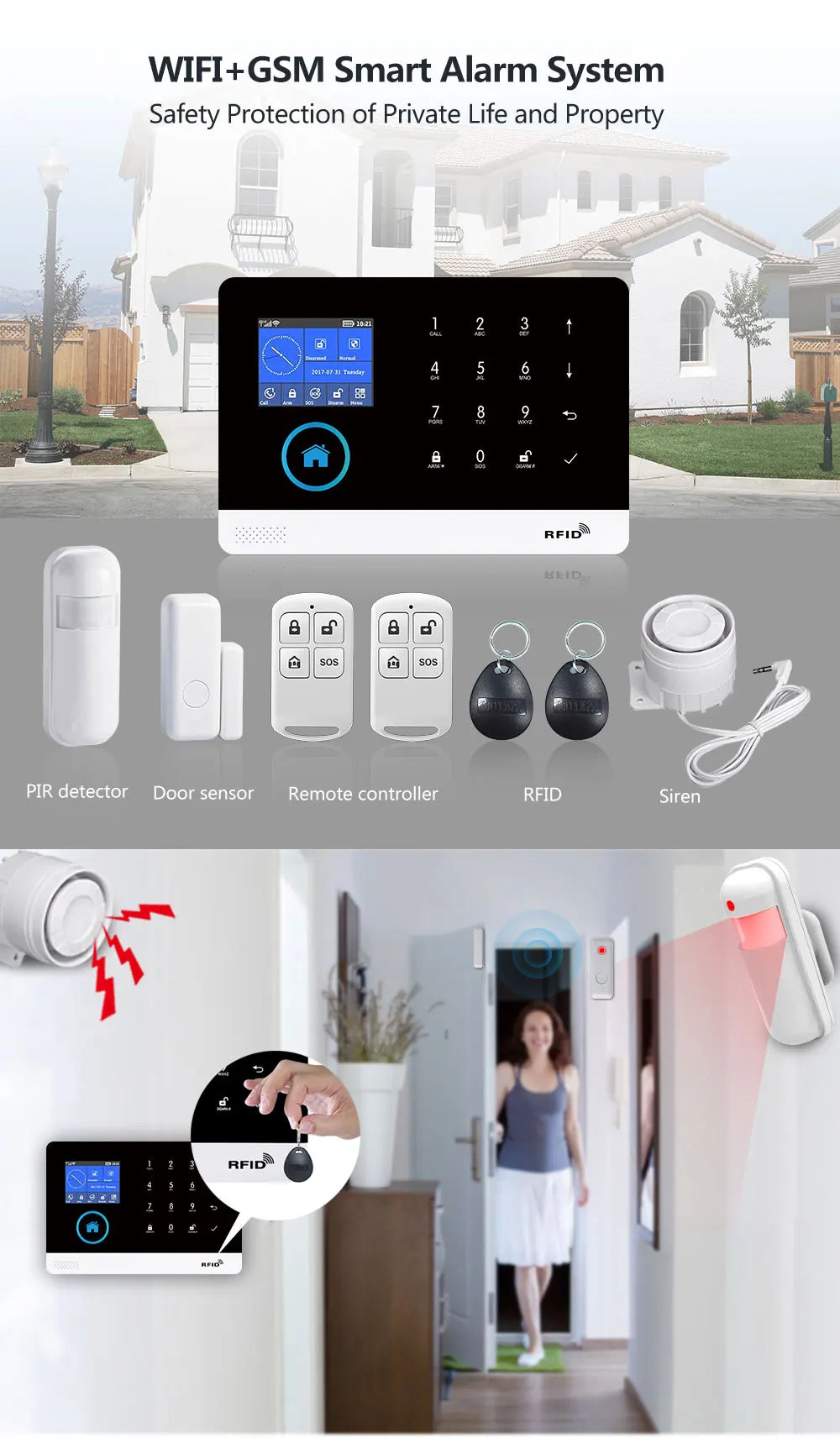 Wireless Home Alarm System Tuya Smart Home WIFI 2G GSM Security Alarms For Home With Motion Sensor With Alexa & Google Home