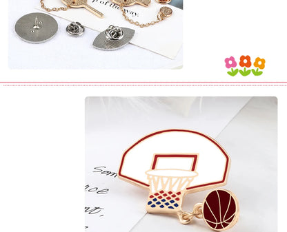 Sports Ball Series Brooch Soccer Basketball Ping Pong Enamel Pin with Chain Cartoon Fashion Accessories Denim Badge Jewelry Gift