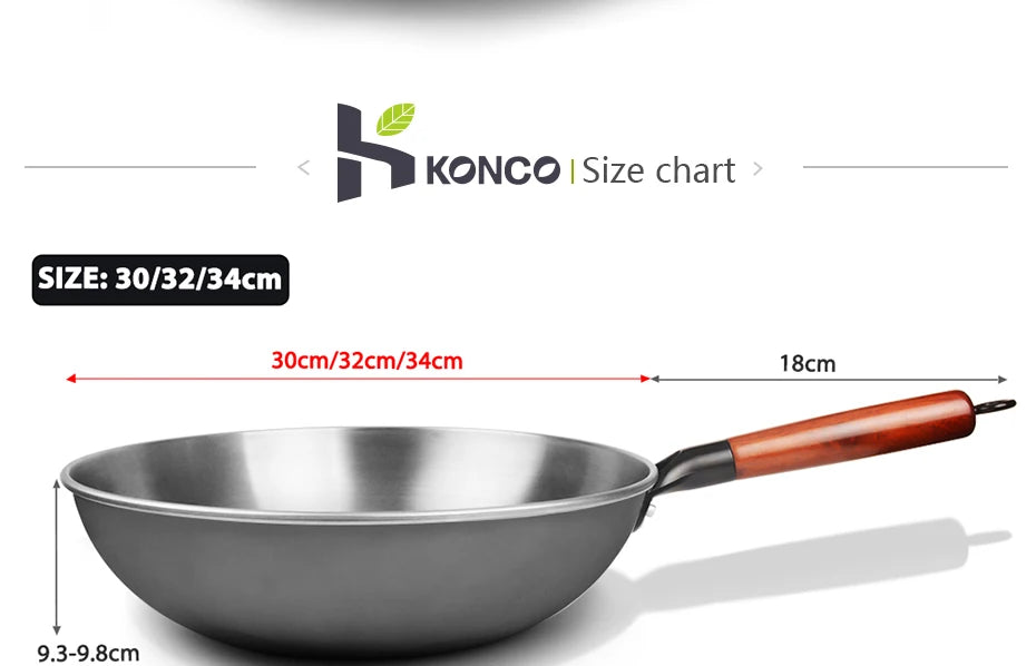 Konco Handmade Iron Wok Traditional Cookware Iron Pot Non-coating Healthy Wok Gas Cookware-30/32/34CM