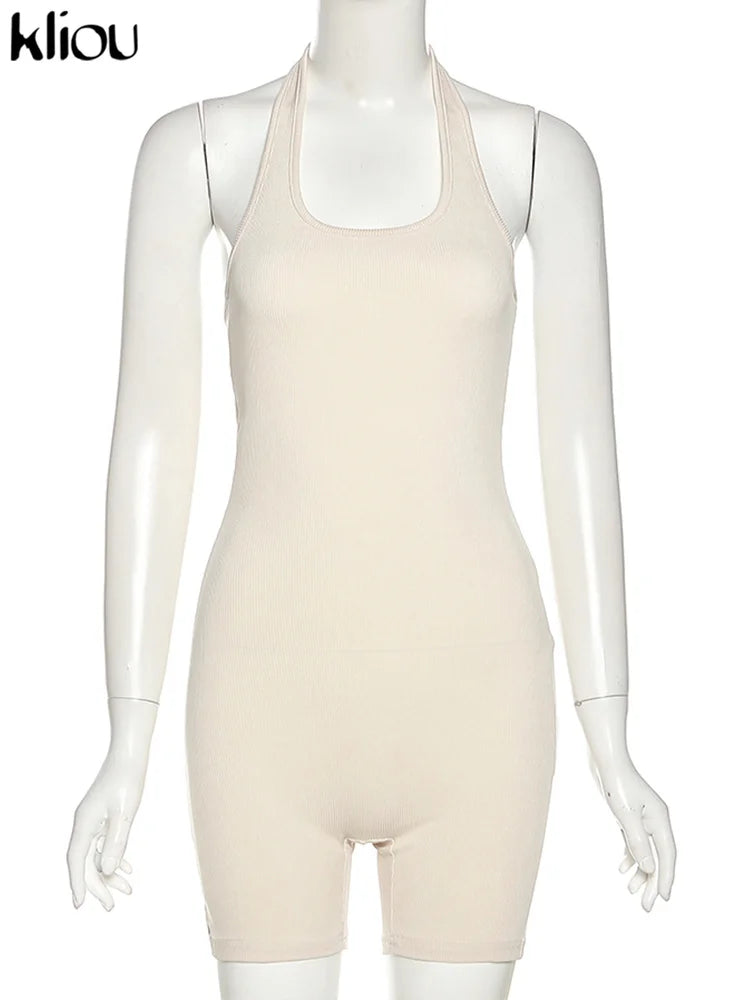 Kliou Striped Sporty Workout Halter Rompers Women Casual Active Wear Backless Sleeveless Playsuit Athleisure Biker Playsuits