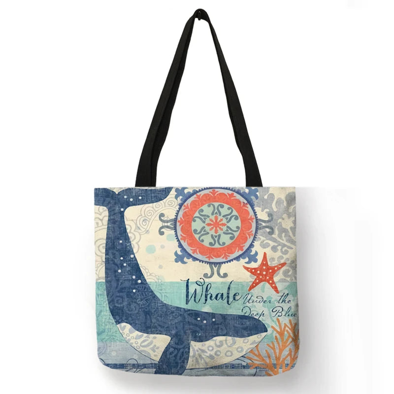 Casual Leisure Totes Bag Women Handbag Marine Animal Sea Turtle Horse Octopus Print Travel Shopping Shoulder Bags for Groceries