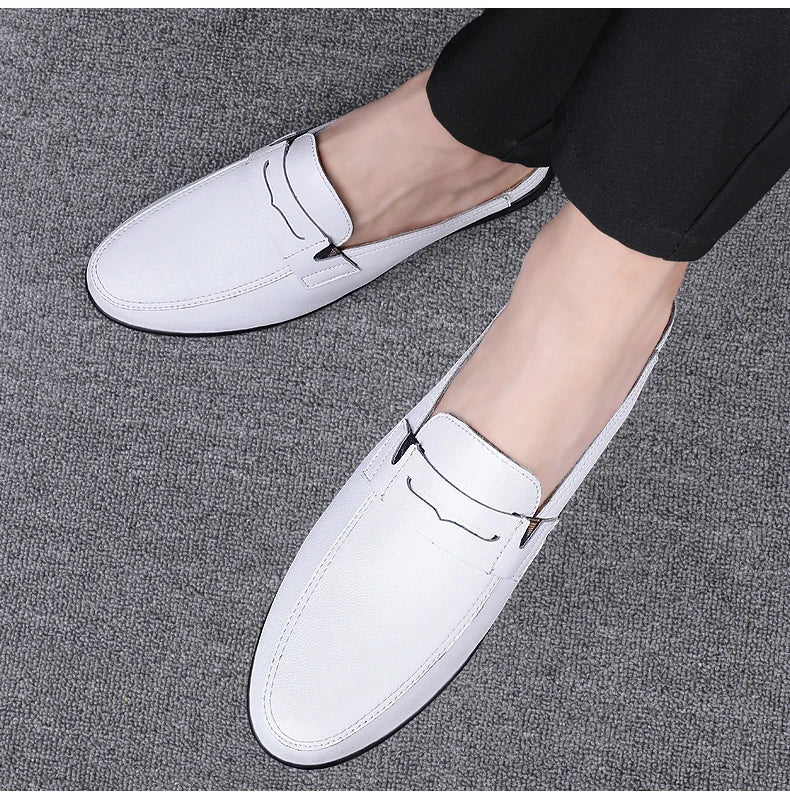 Quality Men Slippers Leather Men Mules Half Shoe Loafers Moccasins Outdoor Non-slip Black Beach Sandals Slides Zapato Hombre