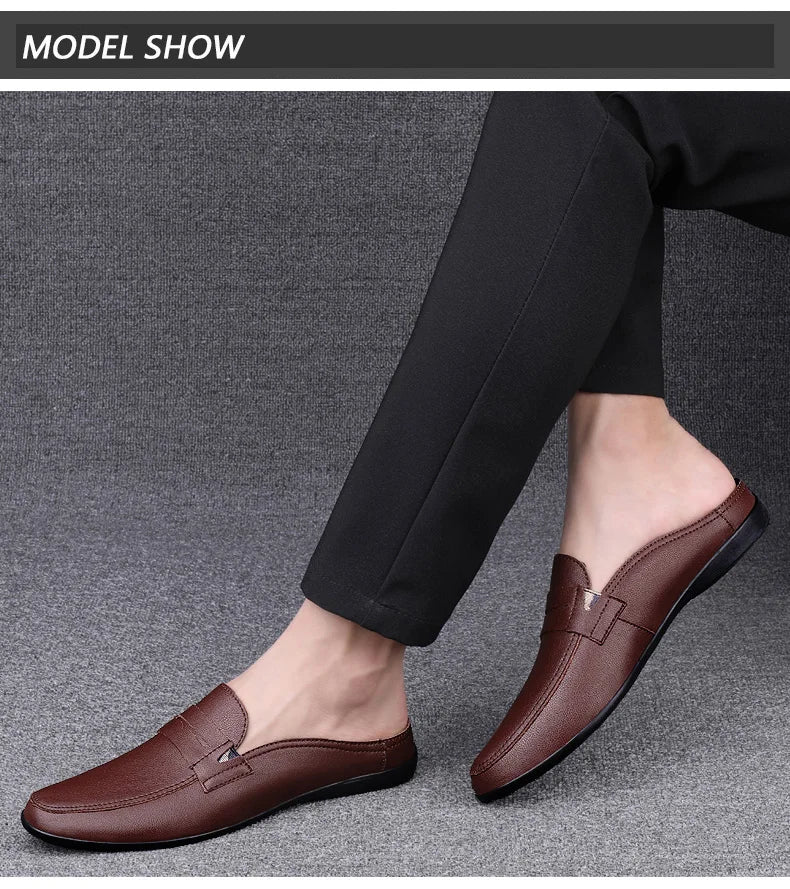 Quality Men Slippers Leather Men Mules Half Shoe Loafers Moccasins Outdoor Non-slip Black Beach Sandals Slides Zapato Hombre