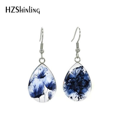 2021 Blue Floral Paintings Glass Cabochon Tear Drop Dangle Hook Earrings Handmade Crafts Jewelry