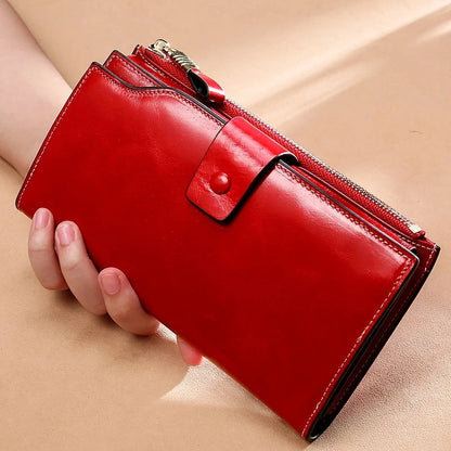 RFID Blocking 100% Genuine Leather Women Wallet Long Lady Purse Brand Design Luxury Bag Oil Wax Card Holder Female Coin Clips