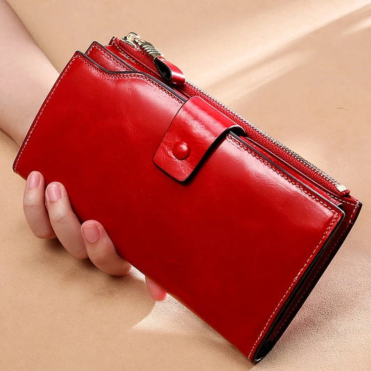 RFID Blocking 100% Genuine Leather Women Wallet Long Lady Purse Brand Design Luxury Bag Oil Wax Card Holder Female Coin Clips