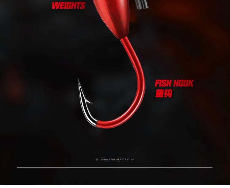 Fishing Overturned Hook 45 Degree Inclined Hole Through Traditional Barbed Hooks Red Worm Jig Head Lot 10 Pieces Sale